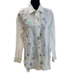 Allison Taylor 100% Linen Roll Tab Long Sleeve Floral Embroidered Button Size M